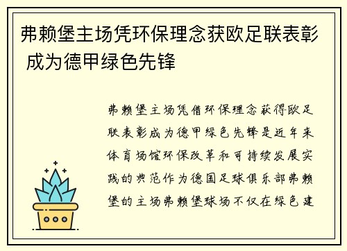 弗赖堡主场凭环保理念获欧足联表彰 成为德甲绿色先锋